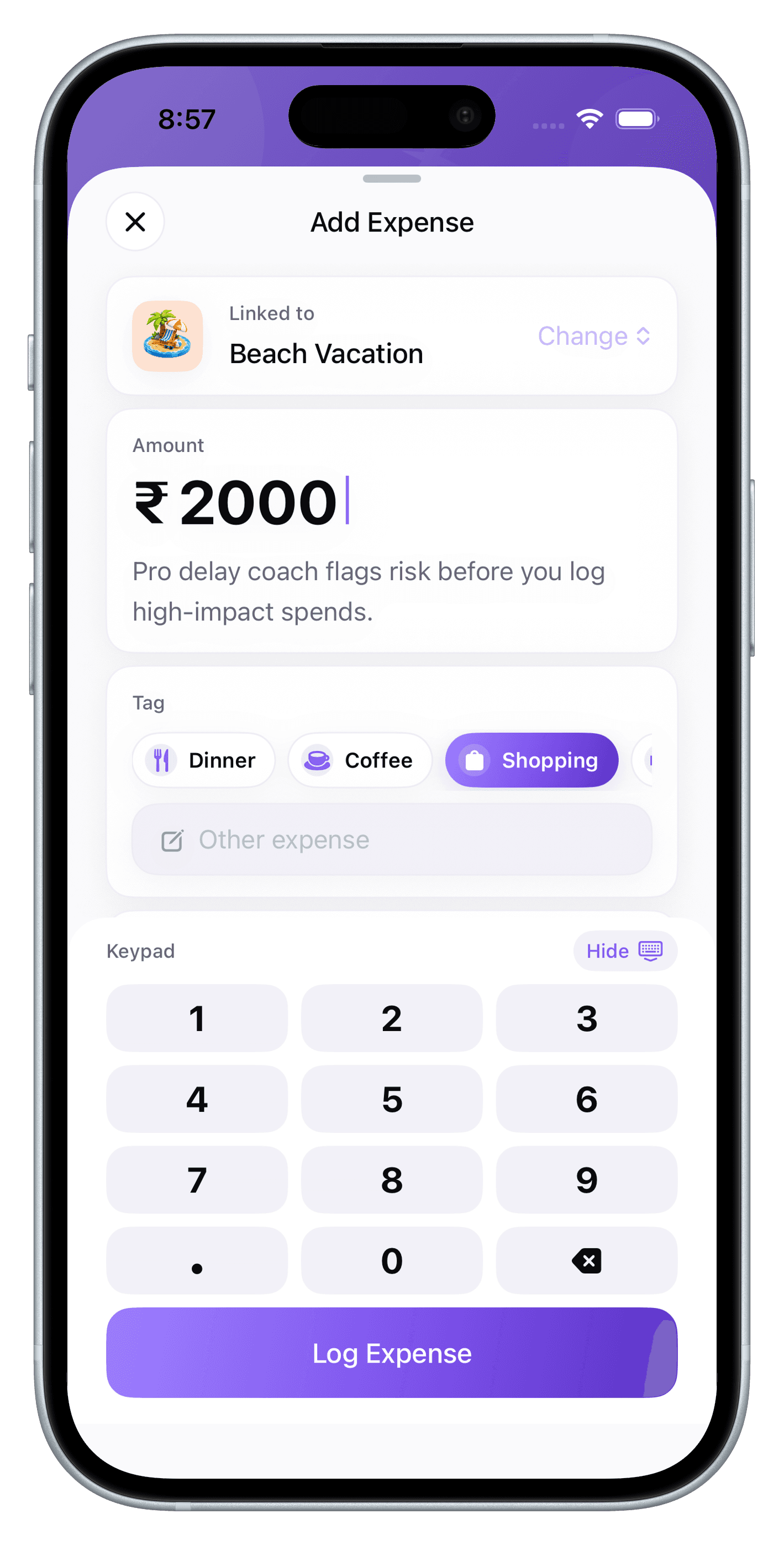 Log a purchase screen